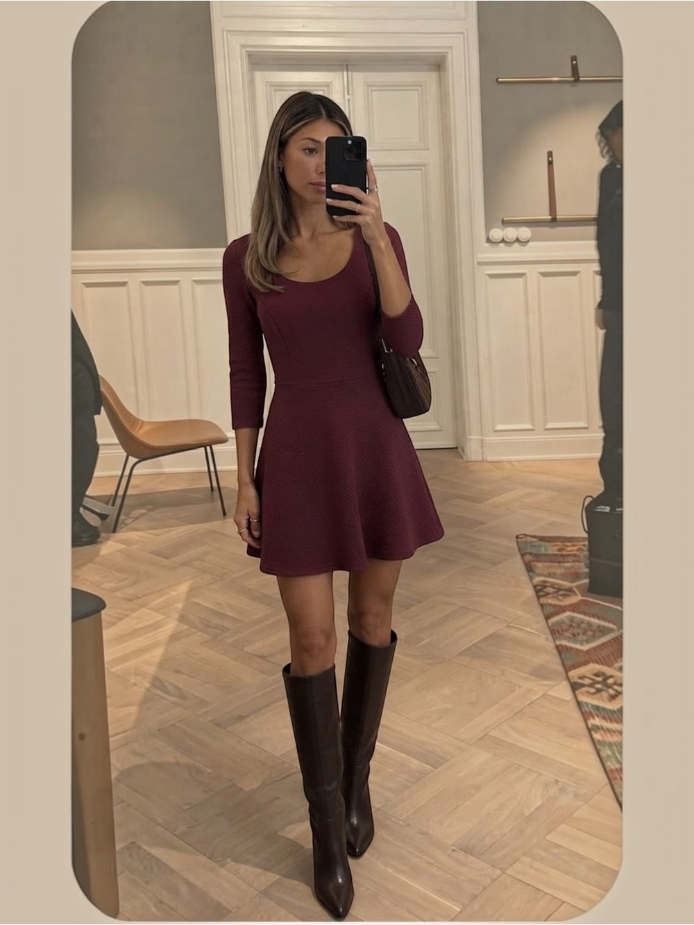 Old Navy Burgundy Skater Dress XS 3/4 Sleeve Fit and Flare Textured